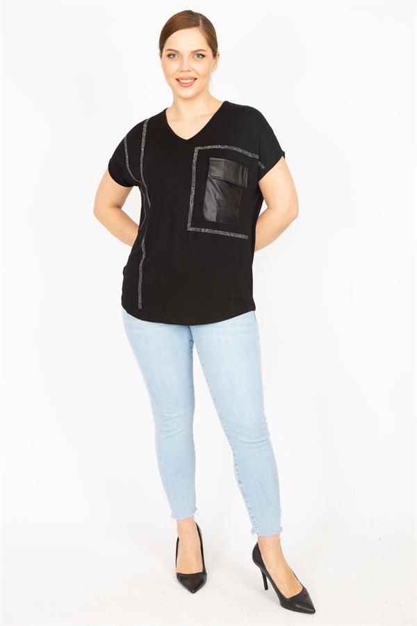 Kadın Siyah Büyük Beden Taş Ve Suni Deri Garnili Düşük Kollu Bluz