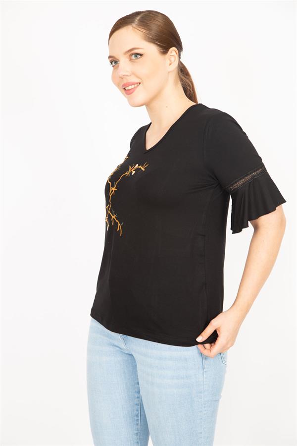 Kadın Kemik Büyük Beden Önü Nakış Ve Kolları Dantel Detaylı V Yaka Bluz