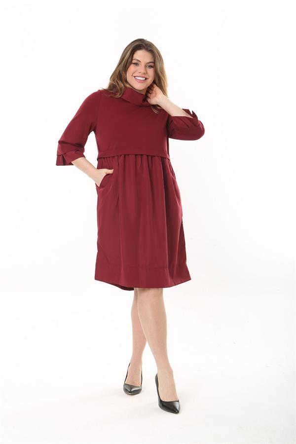 Kadın Büyük Beden Bordo Yaka Kol Ağzı Ve Etek Kısmı Tafta Kumaş Elbise 65N37545