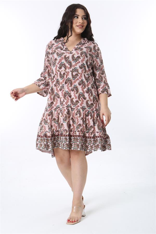 Kadın Büyük Beden Renkli V Yakalı Katlı Elbise 65N38583