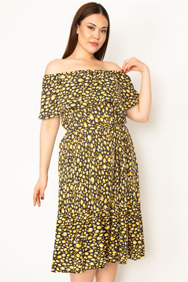 KADIN KEMİK PUAN DESEN YAKASI LASTİK VE VOLAN DETAYLI ETEĞİ KATLI DOKUMA VİSKON KUMAŞ ELBİSE