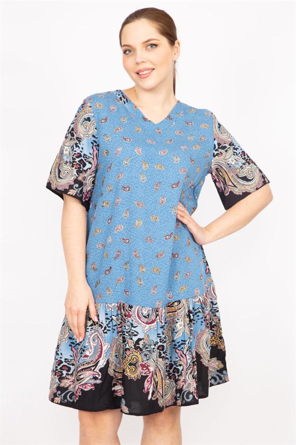 Kadın Mavi Büyük Beden Dokuma Viskon Kumaş Şal Desenli Elbise 65N35834