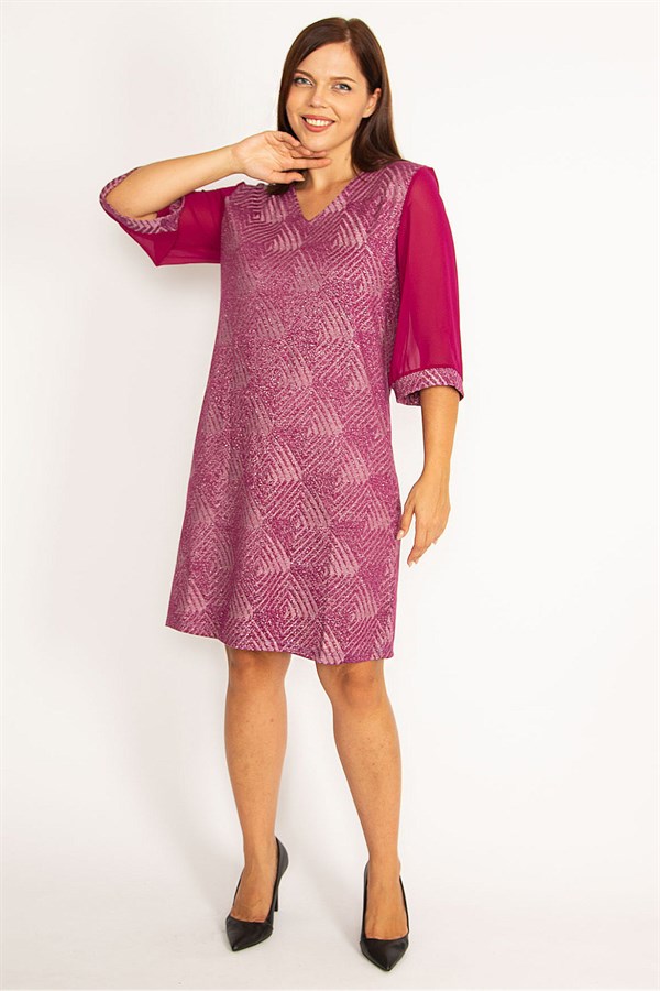 Kadın Mürdüm Sim Detaylı Kolları Şifon Elbise 65N34610