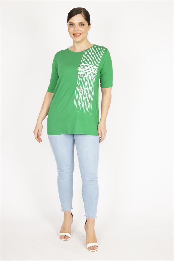 Kadın Yeşil Büyük Beden Ön Baskılı Viskon Bluz