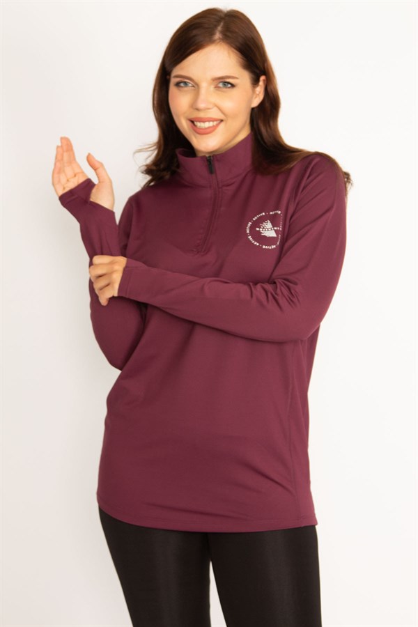 Kadın Bordo Ön Pat Fermuarlı Kol Altı Tül Detaylı Spor Sweatshirt 65N34762