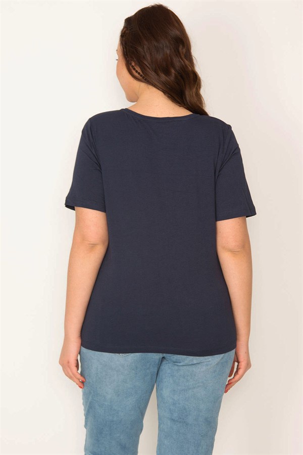 KADIN LACİVERT LAME BASKILI BİSİKLET YAKALI KISA KOLLU BLUZ