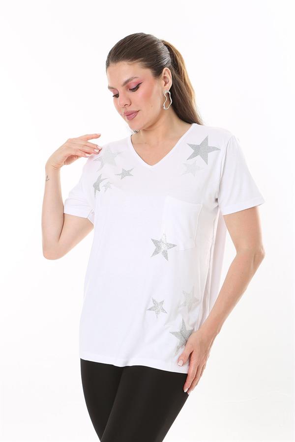 Kadın Büyük Beden Beyaz Taş Detaylı V Yaka Göğüs Cepli Kısa Kollu Bluz 65N37678