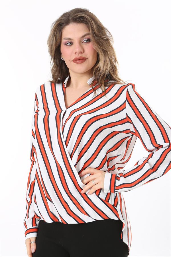 Kadın Büyük Beden Bej Dokuma Viskon Kumaş Kapalı Anvelop Bluz 65N37614