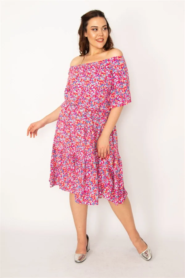 Kadın Fujya Yaka Lastikli Etek Ucu Büzgülü Dokuma Viskon Kumaş Elbise 65N33250