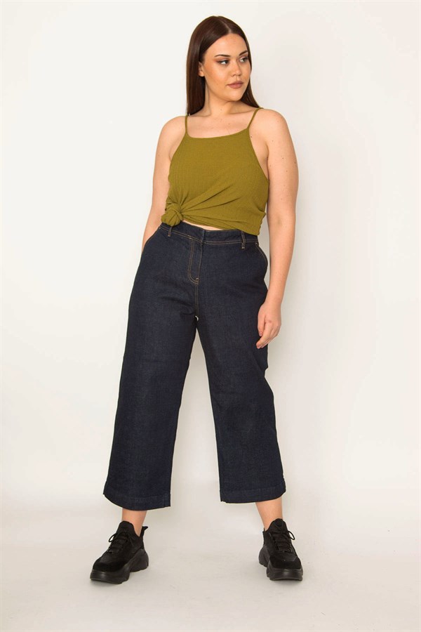 KADIN LACİVERT KLASİK KESİM YAN CEPLİ GENEİŞ PAÇALI BİLEK BOY KOT PANTOLON