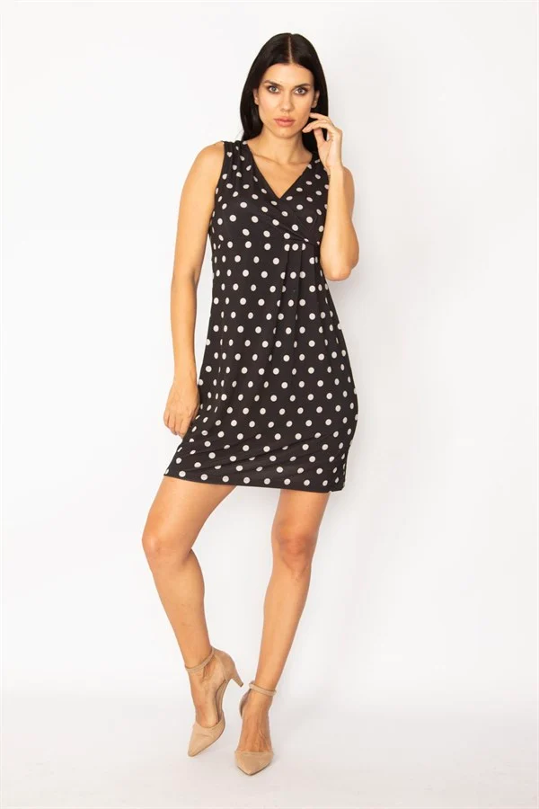 KADIN SİYAH ANVELOP YAKALI PUAN DESEN ELBİSE