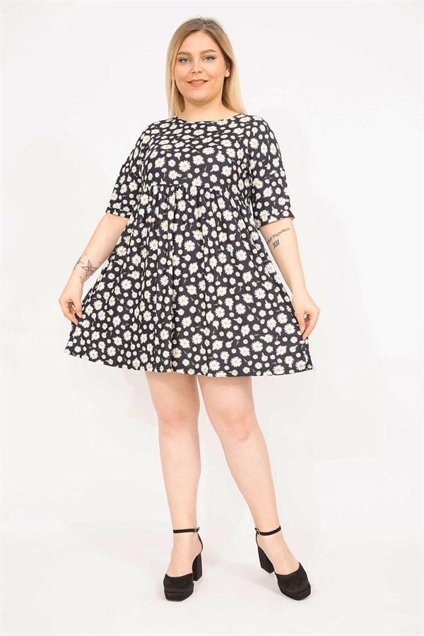 Women's Colorful Plus Size Elastic Waist Patterned Tunic Dress 65N35814