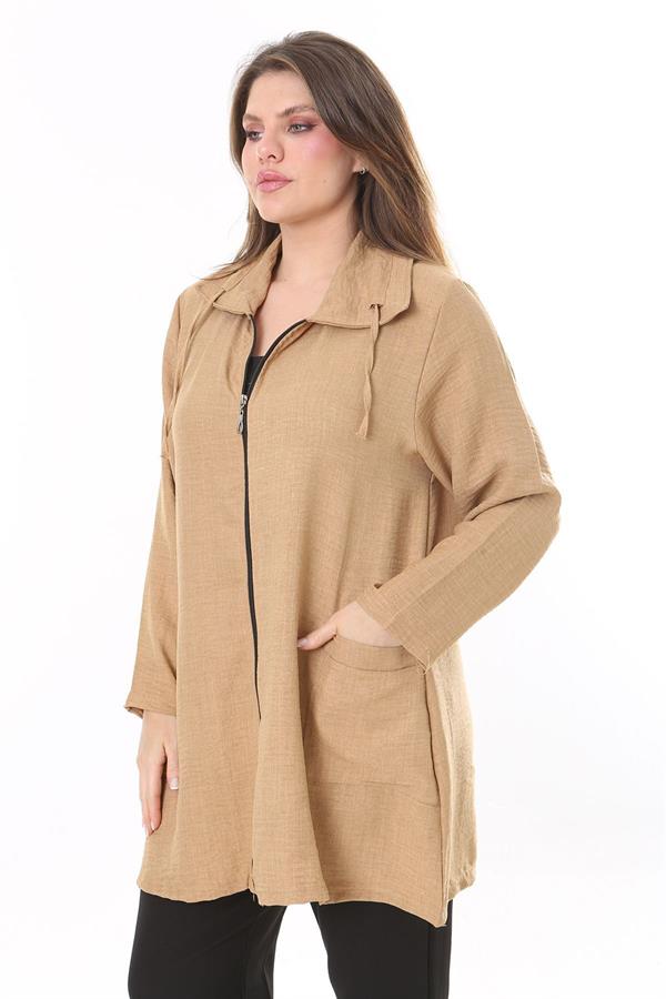 Kadın Büyük Beden Camel Keten Dokuma Ön Fermuar Ve Cepli Astarsız Ceket 65N37787