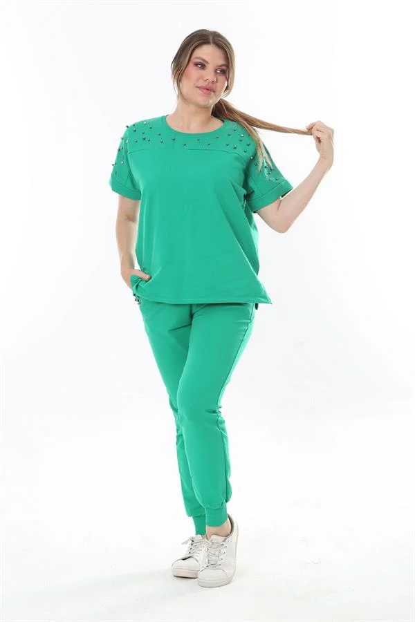 Kadın Büyük Beden Saks Taş Detaylı Kısa Kollu Sweatshirt Pantolon Takım 65N37702