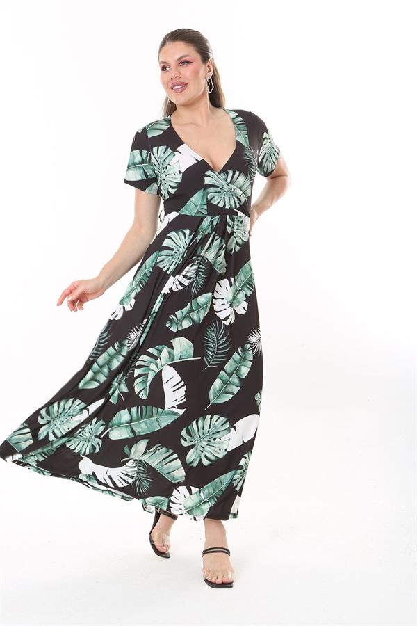 Kadın Büyük Beden Yeşil Anvelop Yakalı Uzun Elbise 65N37735