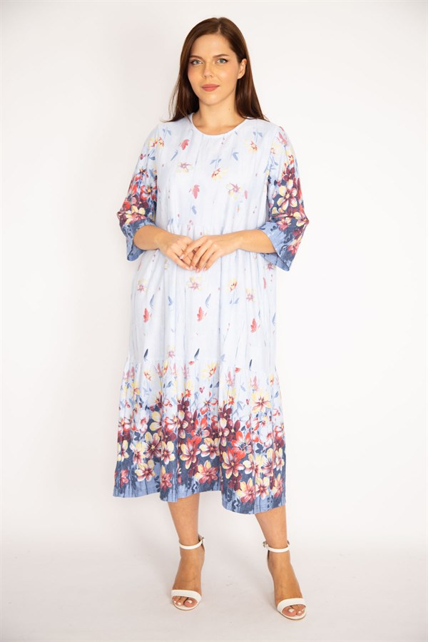 Kadın Mavi Pamuklu Kumaş Katlı Elbise 65N34949