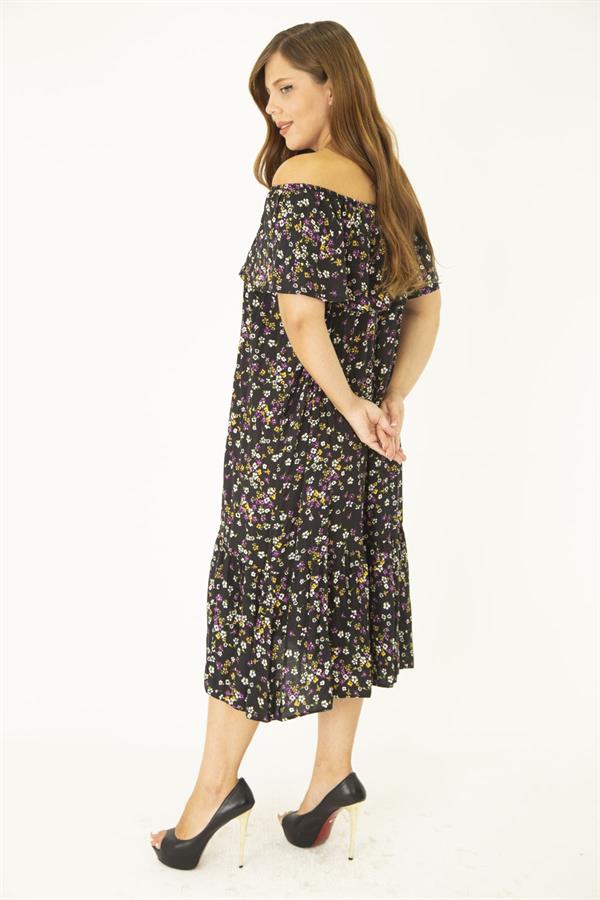 Kadın Büyük Beden Renkli Dokuma Viskon Kumaş Yakası Lastik Ve Volan Detaylı Elbise 65N36916