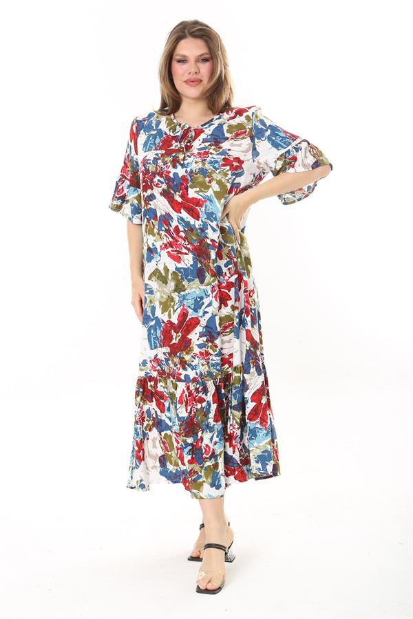 Kadın Büyük Beden Mavi Dokuma Viskon Kumaş Eteği Katlı Kısa Kollu Elbise 65N37868