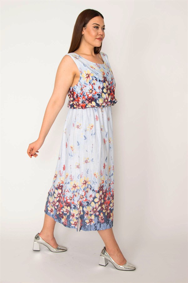 Kadın Mavi Bel Kısmı Lastikli Desenli Elbise 65N33217