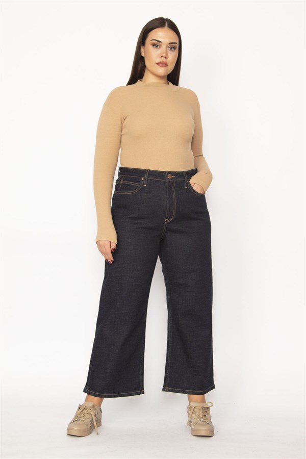 Kadın Lacivert Geniş Paçalı Yüksek Bel 5 Cepli Likralı Kot Pantolon 65N29279