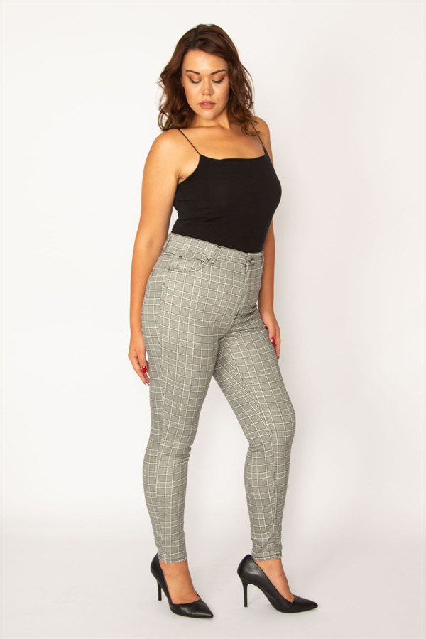 Kadın Gri Ekose Desenli 5 Cepli Pantolon