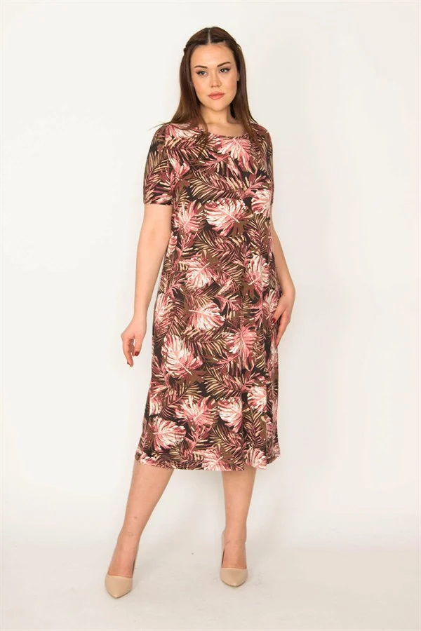 KADIN RENKLİ ÇİÇEK DESENLİ KISA KOL VİSKON ELBİSE