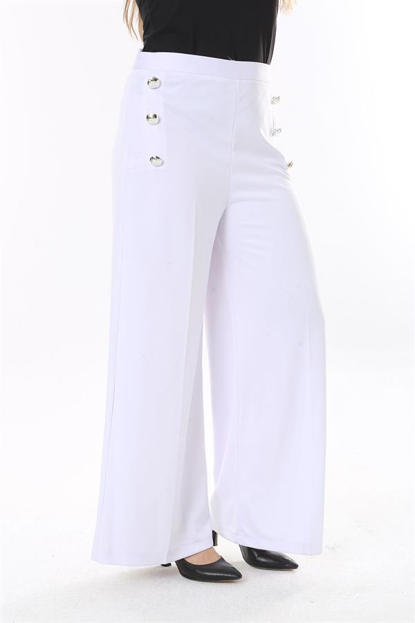 Kadın Büyük Beden Beyaz Süs Metal Düğmeli Cepsiz Pantolon 65N37817