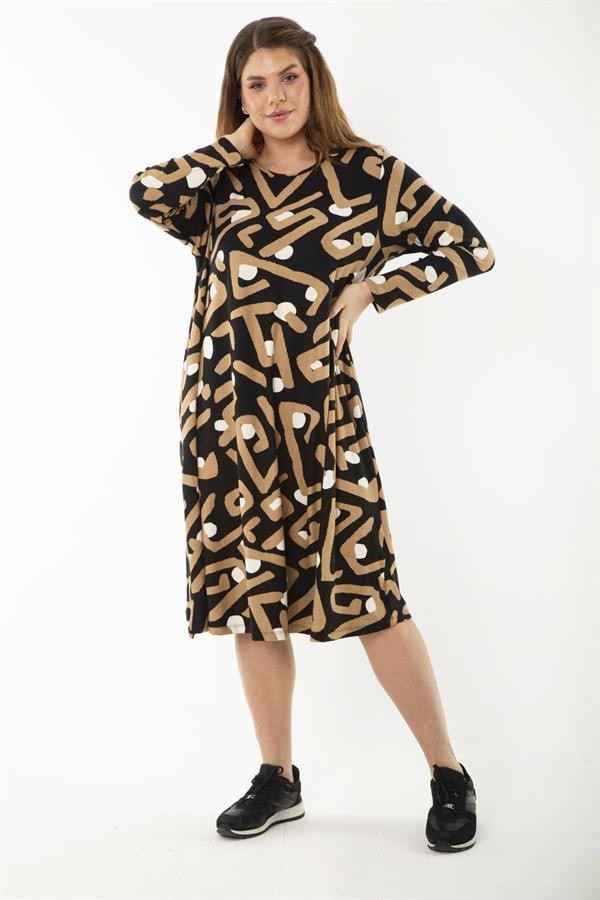 Kadın Büyük Beden Renkli Uzun Kollu Desenli Elbise 65N37189