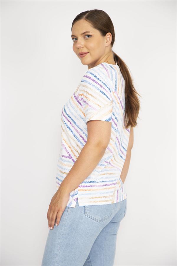 Kadın Renkli Büyük Beden Pamuklu Kumaş Bisiklet Yakalı Kısa Kollu Bluz