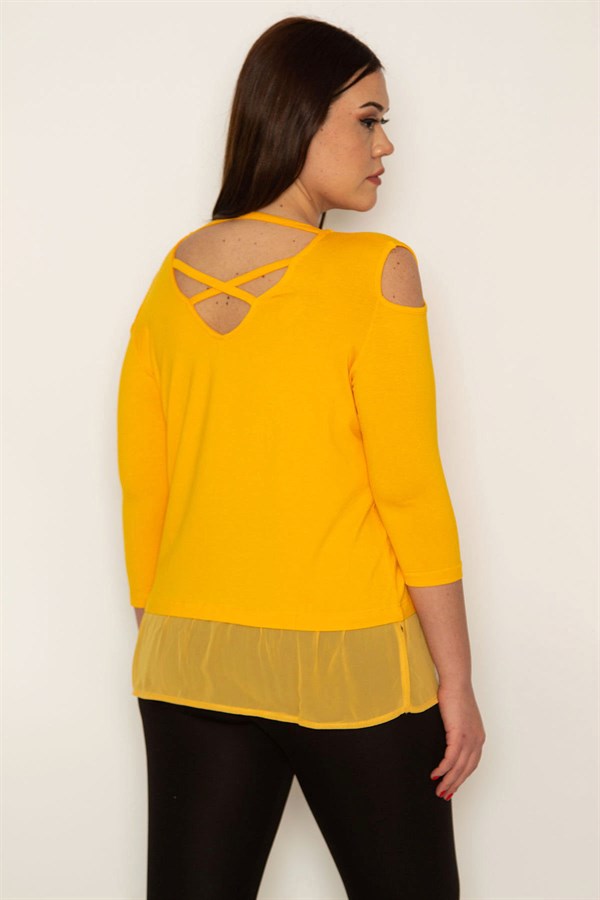 KADIN SARI OMUZ DEKOLTELİ TAŞ DETAYLI ETEK UCU ŞİFON