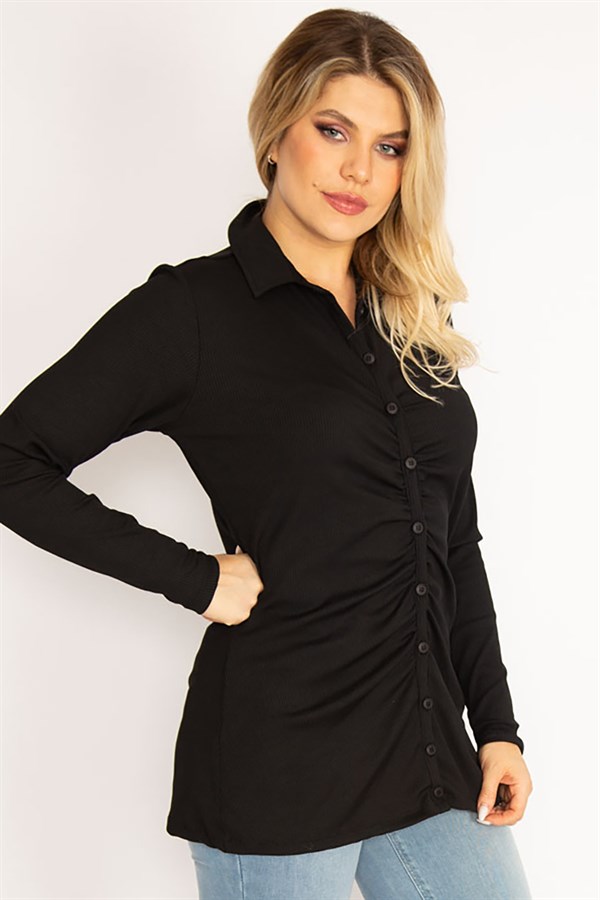 Kadın Siyah Ön Düğmeli Büzgü Detaylı Likralı Bluz 65N34856