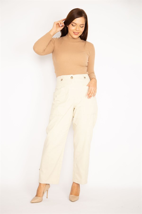 Kadın İndigo Ön Cepli Paçası Düğme İle Duble Paça Boy Ayarlı Gabardin Kumaş Pantolon 65N34888