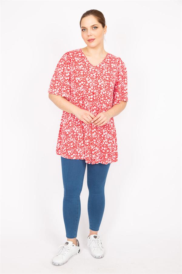 Kadın Kırmızı Büyük Beden Önü A Pileli V Yakalı Tunik