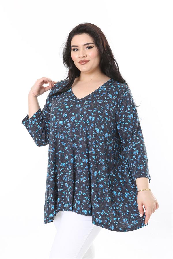 Kadın Büyük Beden Renkli V Yakalı Kapri Kol Desenli Bluz 65N38001