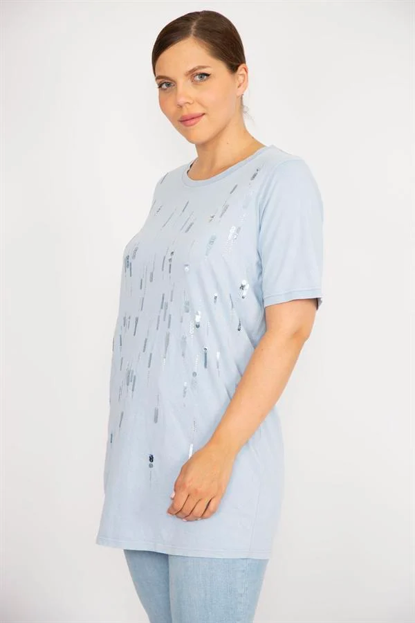 Kadın Büyük Beden Bebe Mavisi Payet Ve Taş İşli Bisiklet Yakalı Bluz