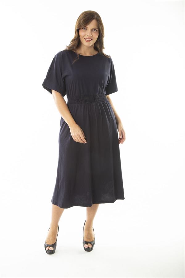 Kadın Büyük Beden Lacivert Beli Gipe Lastik Detaylı Yarasa Kol Elbise 65N36900