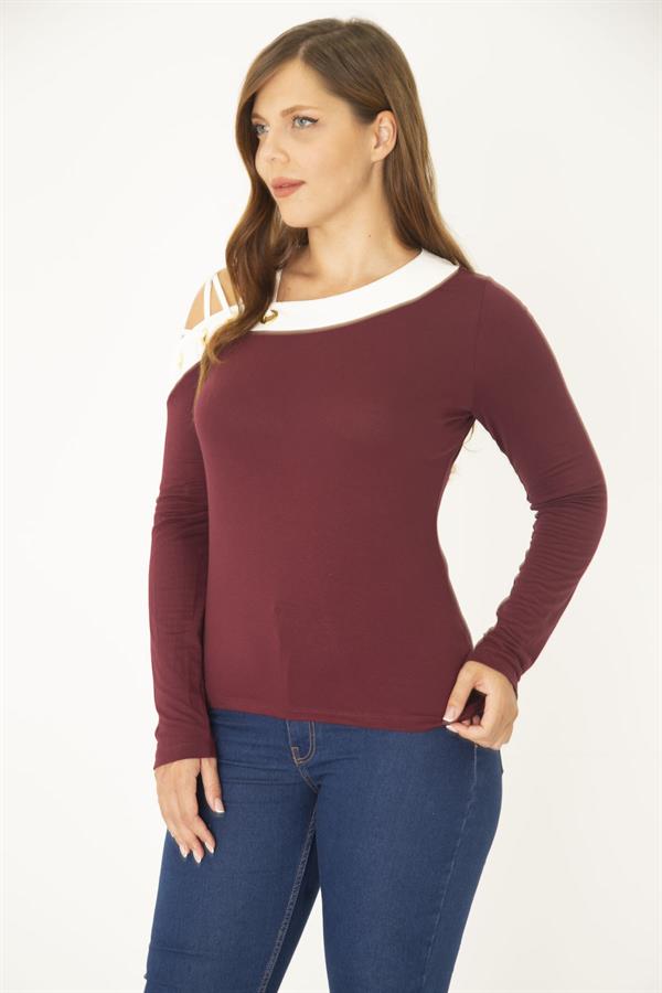 Kadın Büyük Beden Bordo Kuşgözü Ve Biye Detaylı Bluz 65N36965