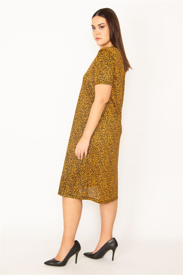 KADIN HARDAL İNCE KREP KUMAŞ KISA KOLLU DESENLİ ELBİSE