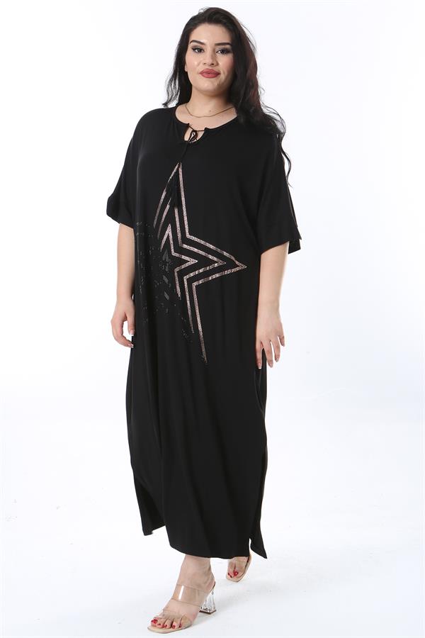 Kadın Büyük Beden Siyah Rahat Kesim Taş Detaylı Elbise 65N38202