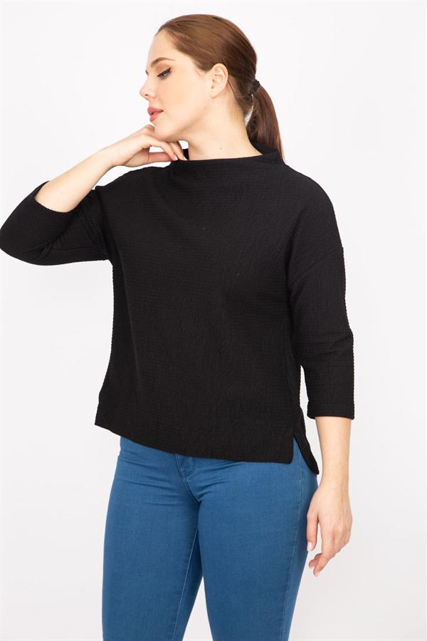 Kadın Kemik Büyük Beden Kapri Kol Kendinden Desenli Yan Yırtmaçlı Bluz