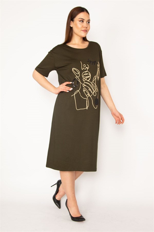 Kadın Haki Nakış Ve Payet Detaylı Elbise 65N33251