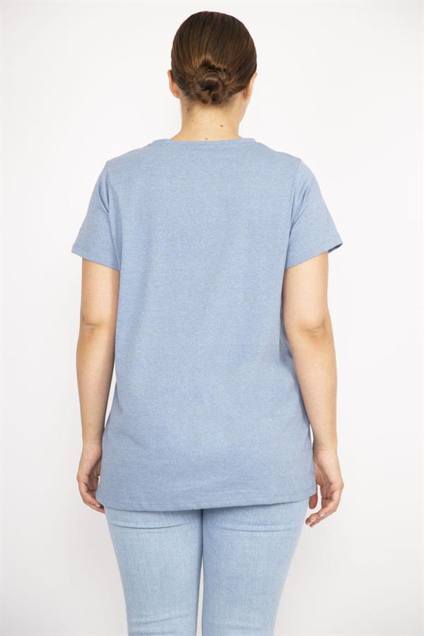 Kadın Büyük Beden Bebe Mavisi V Yakalı Sim Ve Baskı Detaylı Kısa Kollu Bluz