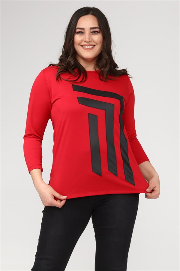 KADIN BORDO ÖNÜ DERİ DETAYLI BİSİKLET YAKA BLUZ