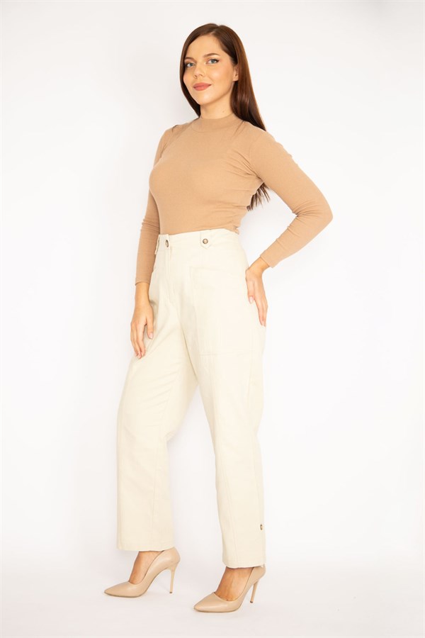 Kadın İndigo Ön Cepli Paçası Düğme İle Duble Paça Boy Ayarlı Gabardin Kumaş Pantolon 65N34888