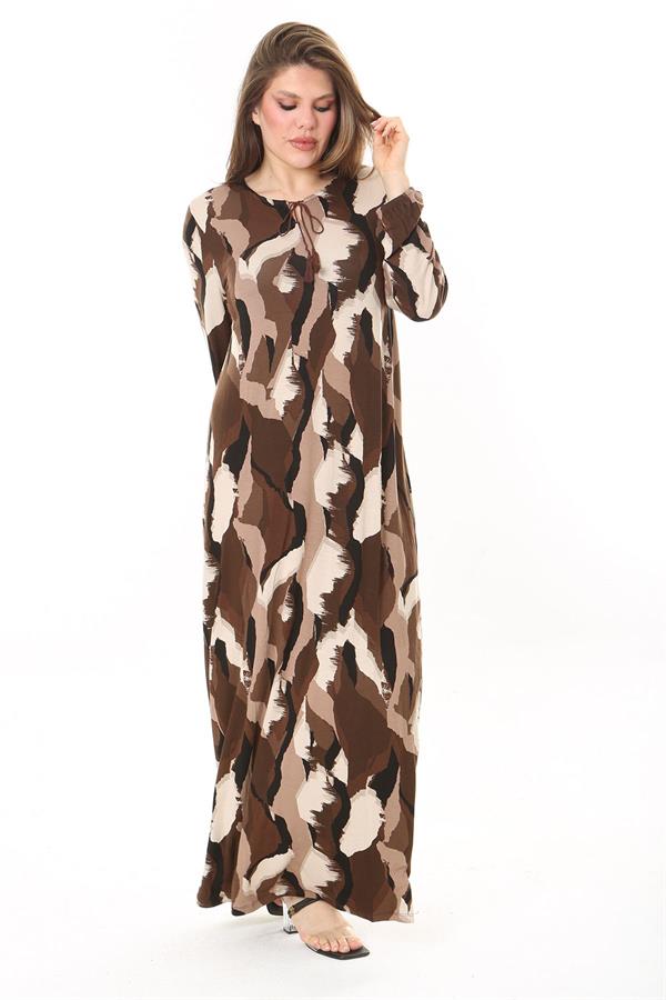 Kadın Büyük Beden Kahve Yaka Bağcıklı Uzun Kollu Maksi Boy Elbise 65N37866