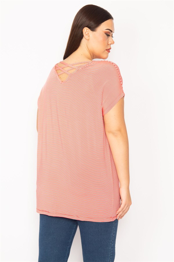 Kadın Kırmızı Sırt Detaylı Düşük Kollu Çizgili Bluz 65N30193