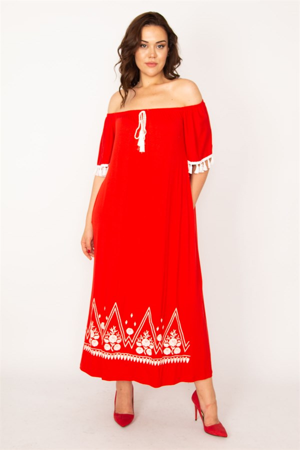 Kadın Kırmızı Karmen Yaka Nakış Ve Püskül Detaylı Uzun Elbise 65N33437