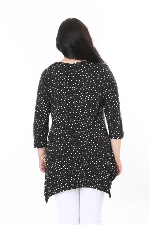Kadın Büyük Beden Siyah Göğüs Büzmeli Puan Desenli Kapri Kollu Bluz 65N37949