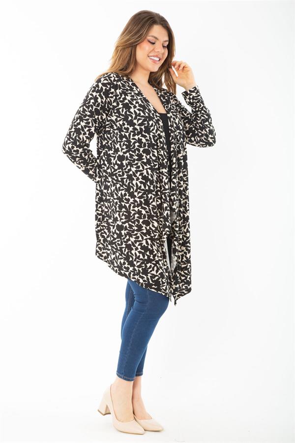 Kadın Büyük Beden Siyah Uzun Kollu Desenli Viskon Hırka 65N37429