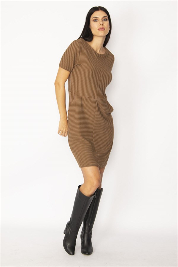 WOMEN'S BROWN SELF-STRIPED DRESS WITH POCKETS